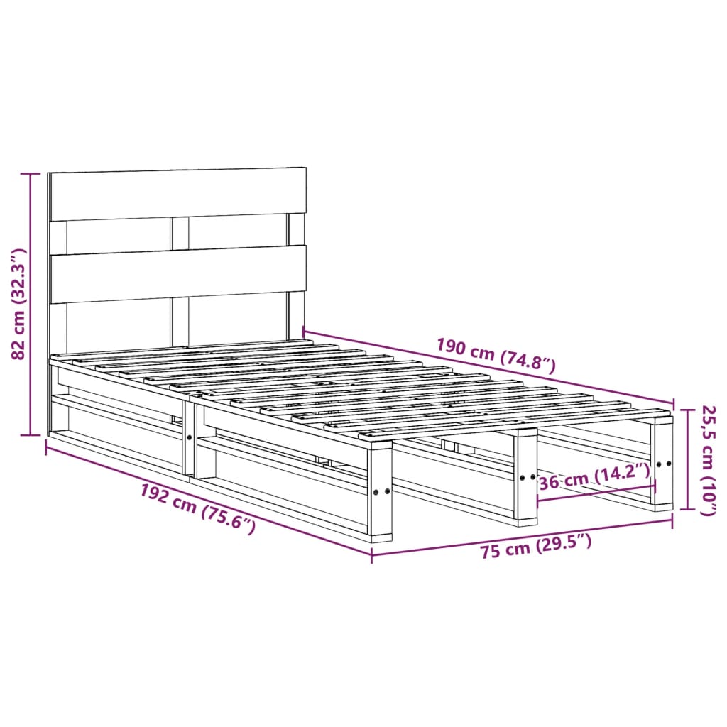 Bedframe zonder matras massief grenenhout 75x190 cm