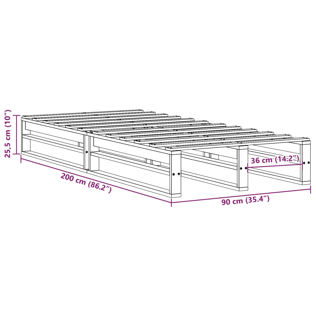 Bedframe massief grenenhout wasbruin 90x200 cm