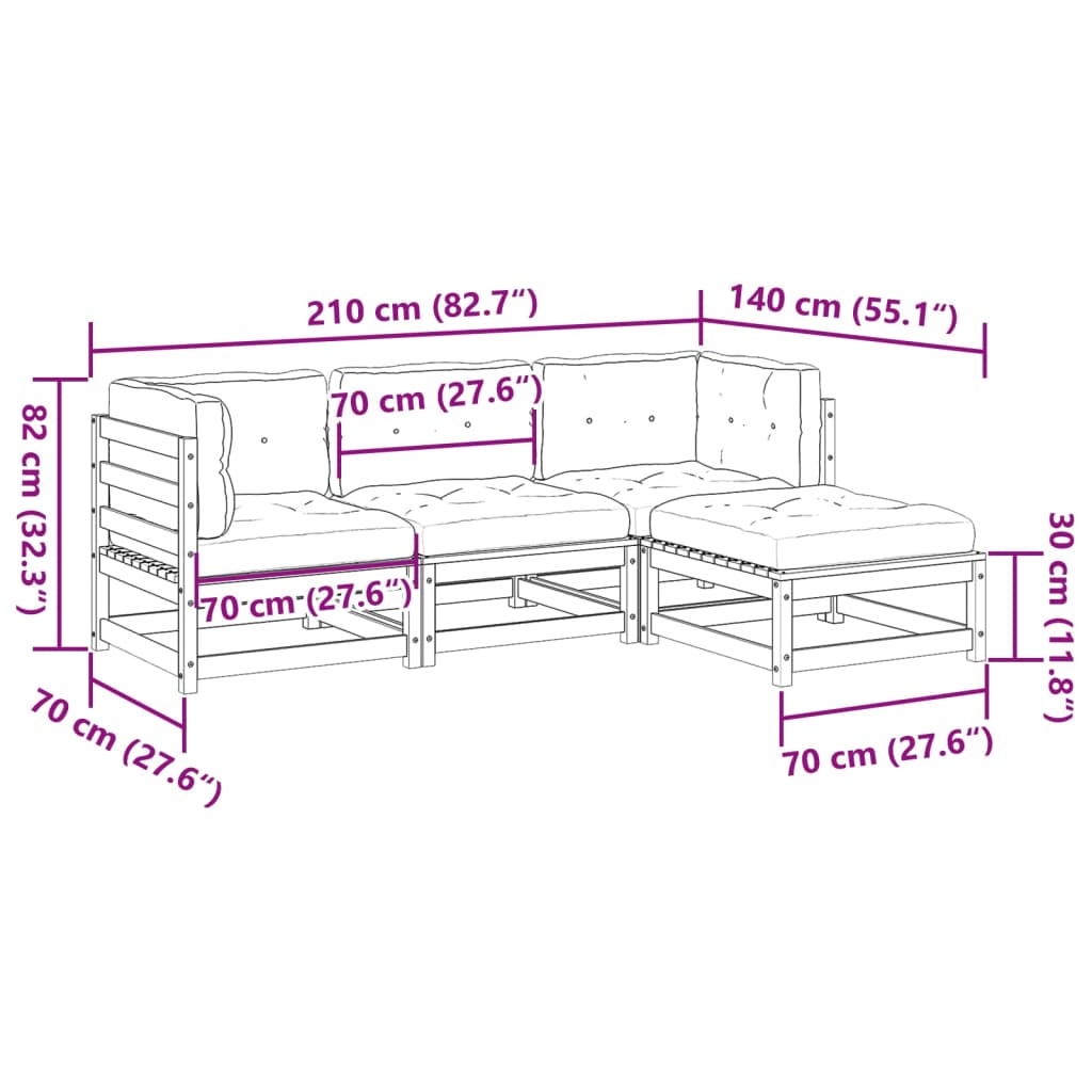4-delige Loungeset met kussens massief grenenhout wasbruin
