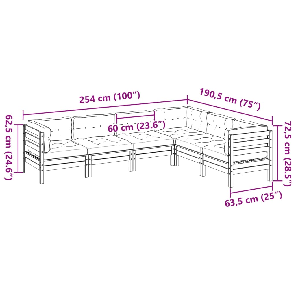 6-delige Loungeset met kussens massief grenenhout wasbruin