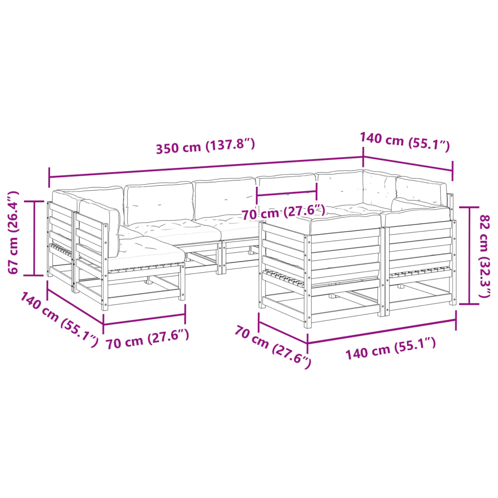 9-delige Loungeset met kussens massief grenenhout