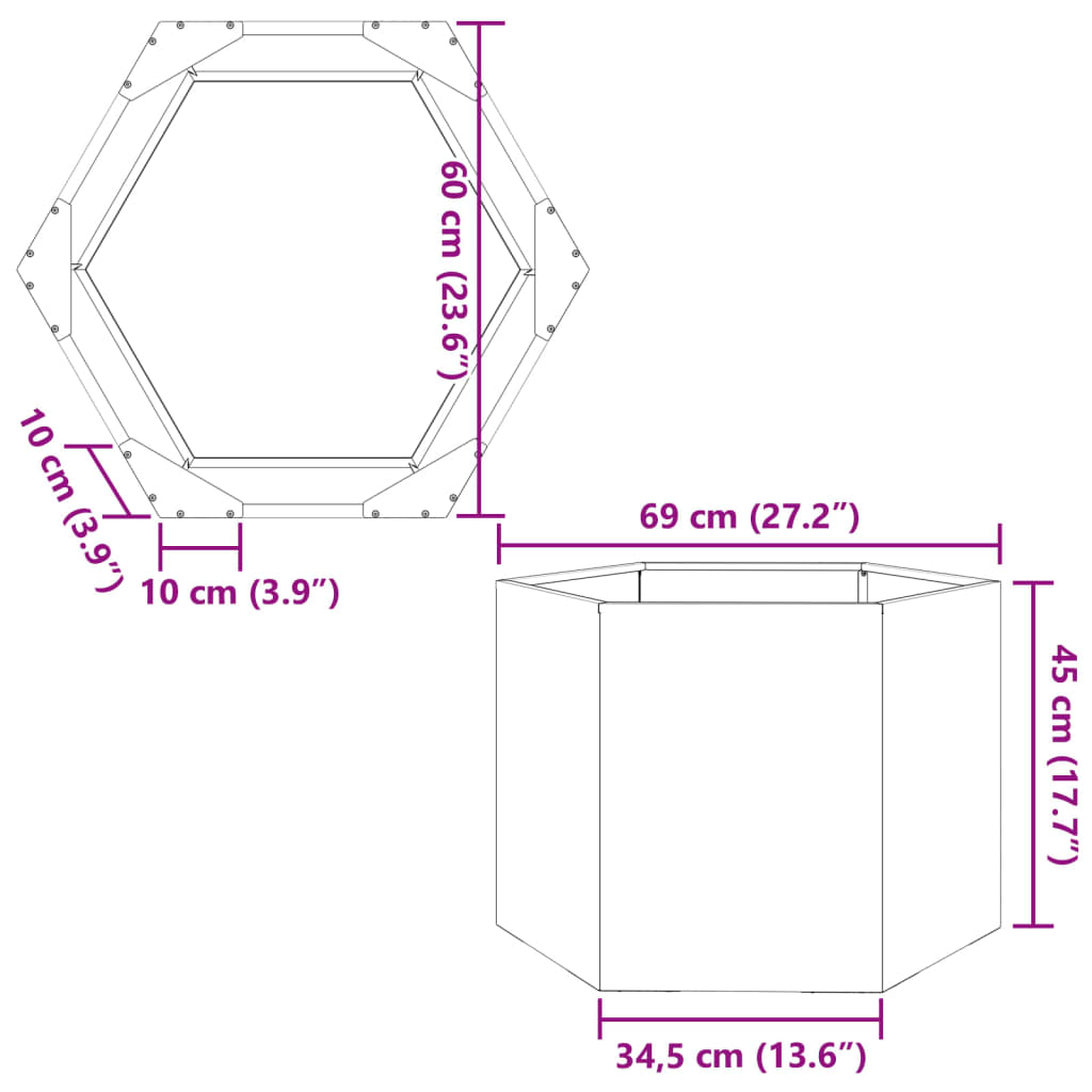 Plantenbak zeshoek 69x60x45 cm gegalvaniseerd staal