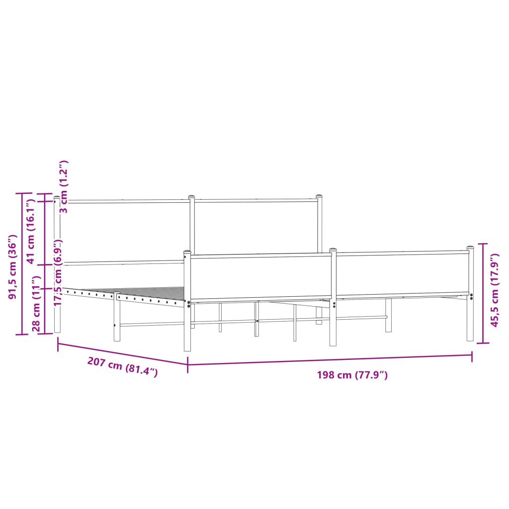 Bedframe zonder matras metaal bruin eikenkleur 193x203 cm