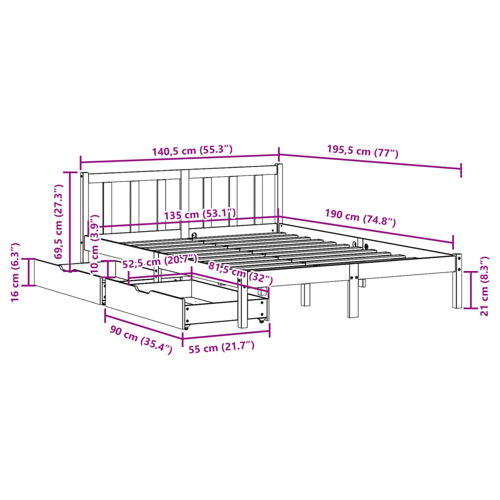 Bedframe zonder matras massief grenenhout 135x190 cm