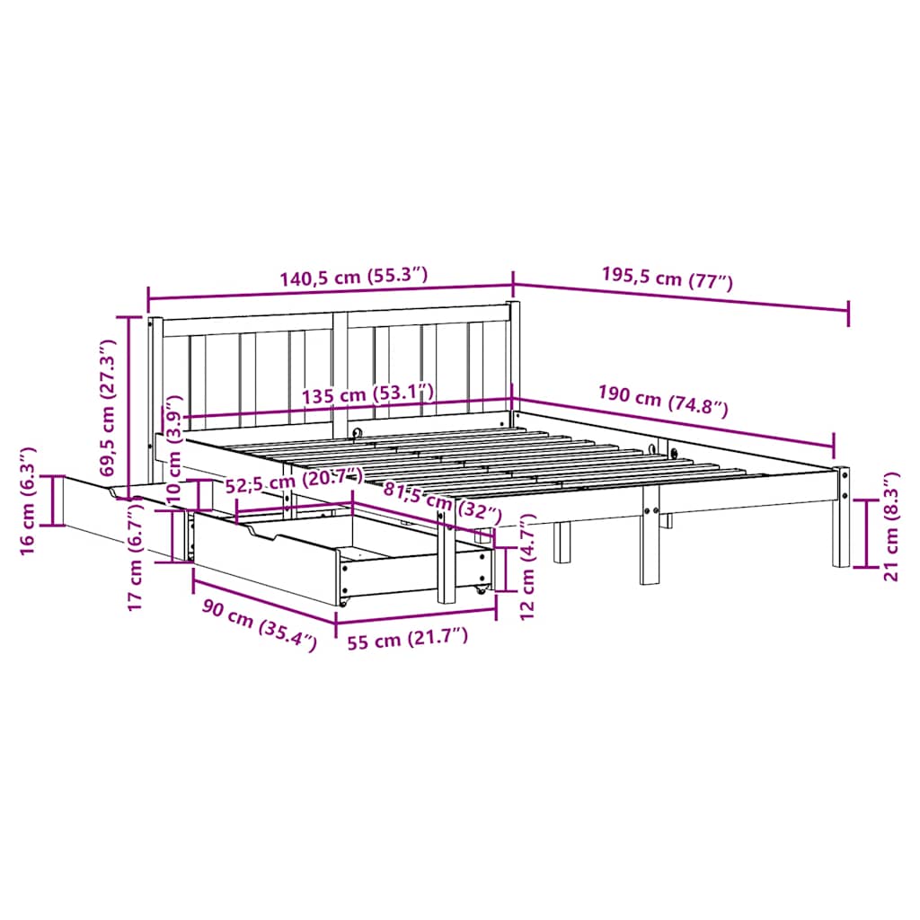 Bedframe zonder matras massief grenenhout wit 135x190 cm