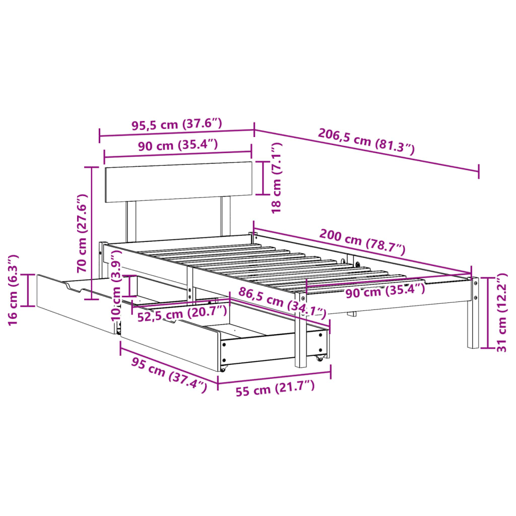 Bedframe zonder matras massief grenenhout wit 90x200 cm