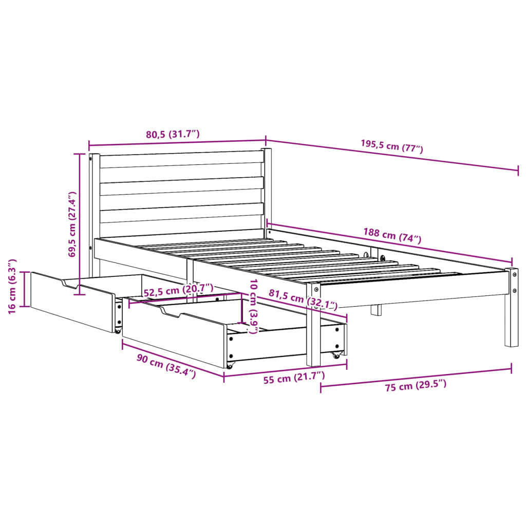 Bedframe zonder matras massief grenenhout wasbruin 75x190 cm