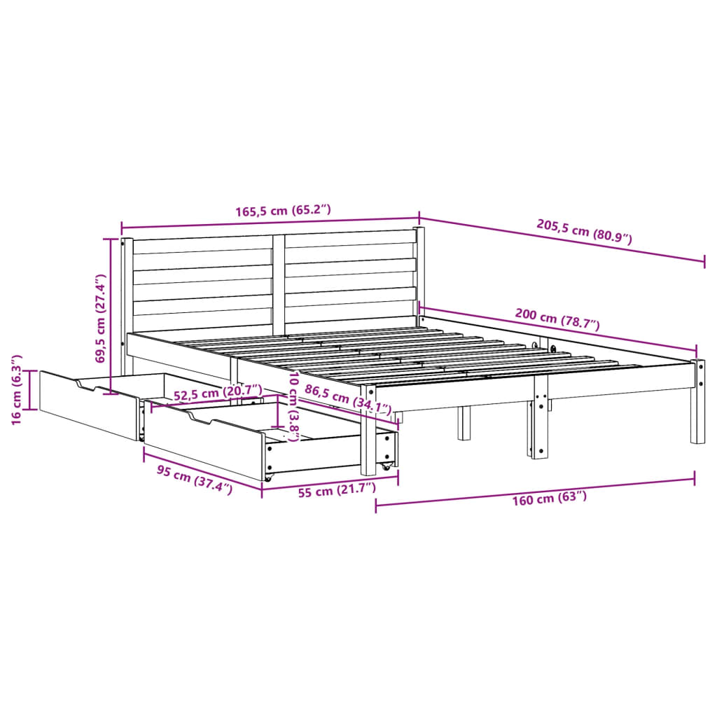 Bedframe zonder matras massief grenenhout wasbruin 160x200 cm