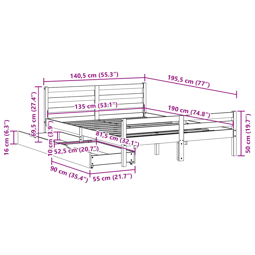 Bedframe zonder matras massief grenenhout wit 135x190 cm