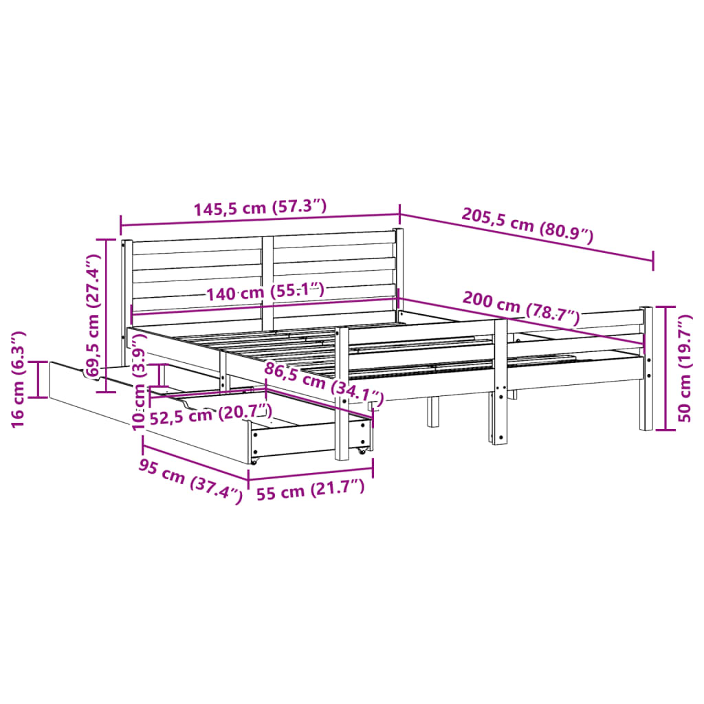 Bedframe zonder matras massief grenenhout wit 140x200 cm
