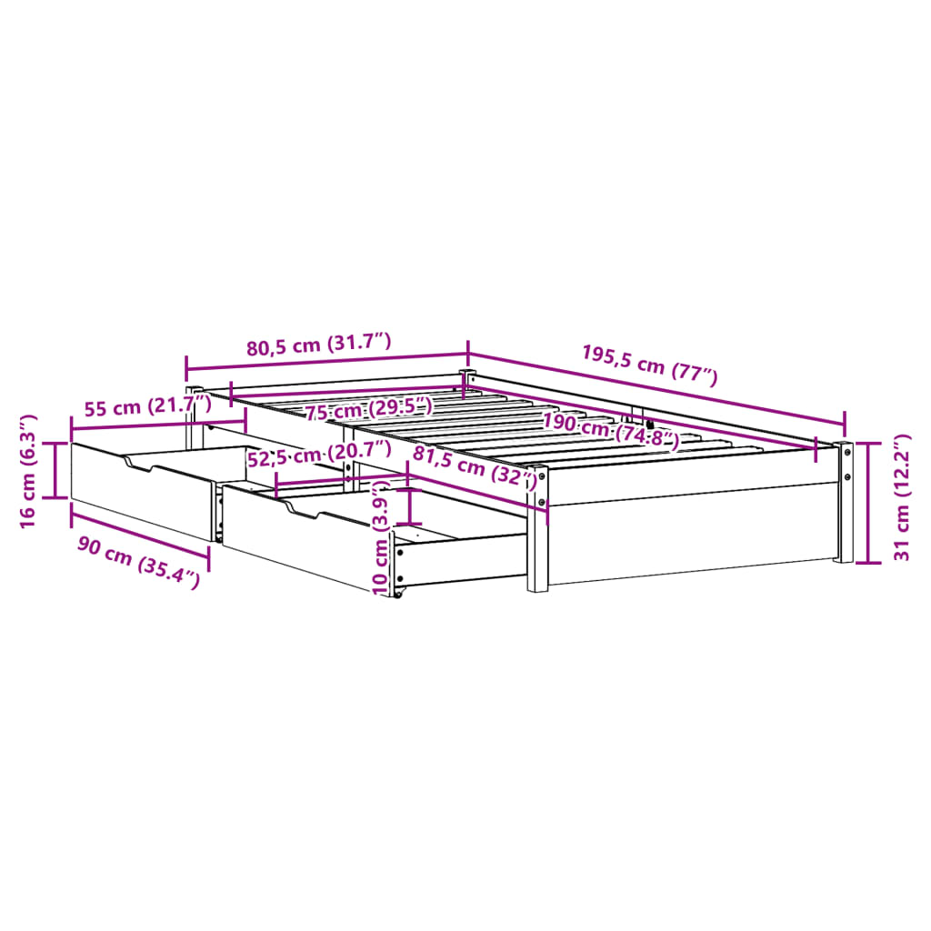 Bedframe zonder matras massief grenenhout 75x190 cm