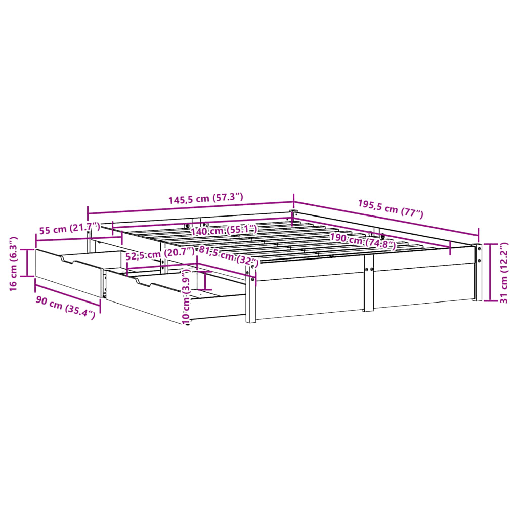 Bedframe zonder matras massief grenenhout wit 140x190 cm