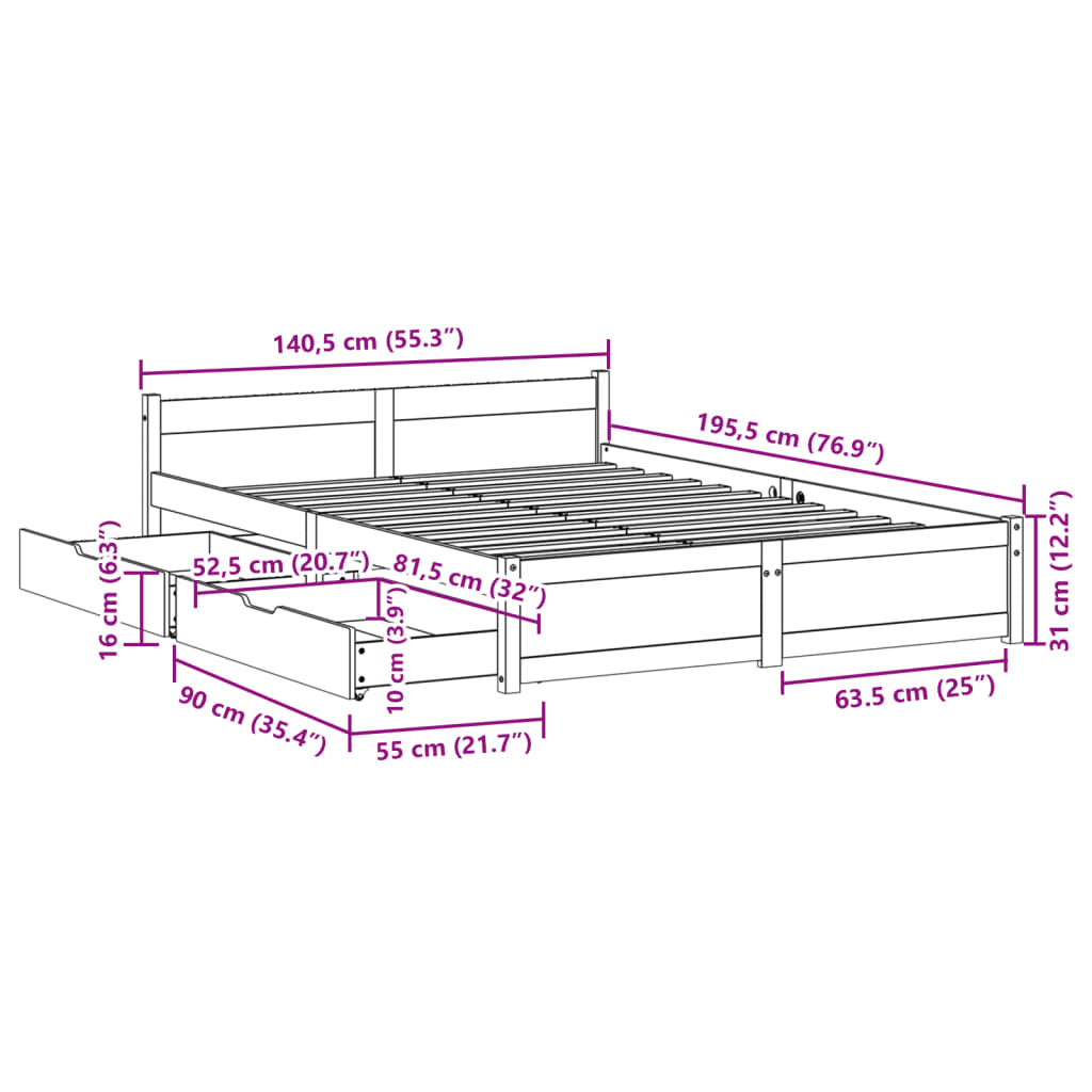 Bedframe zonder matras massief grenenhout wit 135x190 cm
