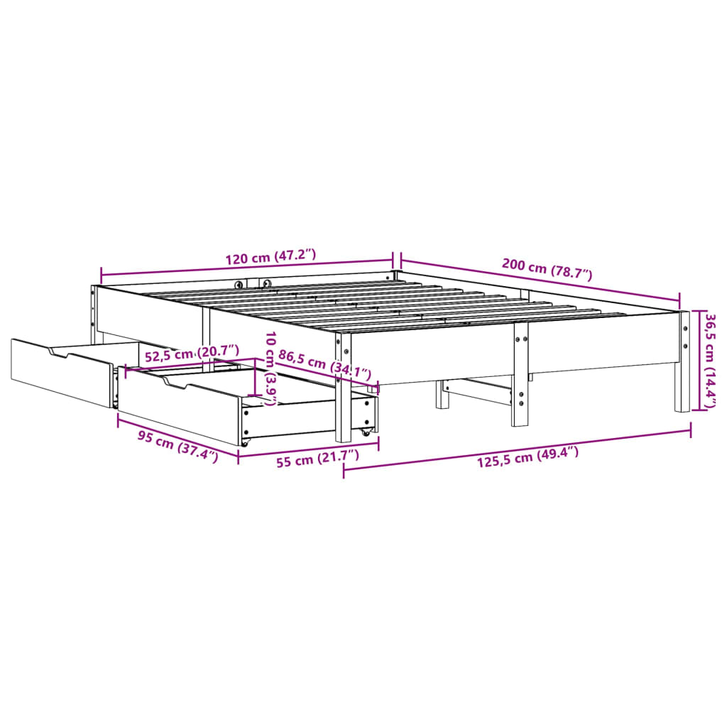 Bedframe zonder matras massief grenenhout wasbruin 120x200 cm