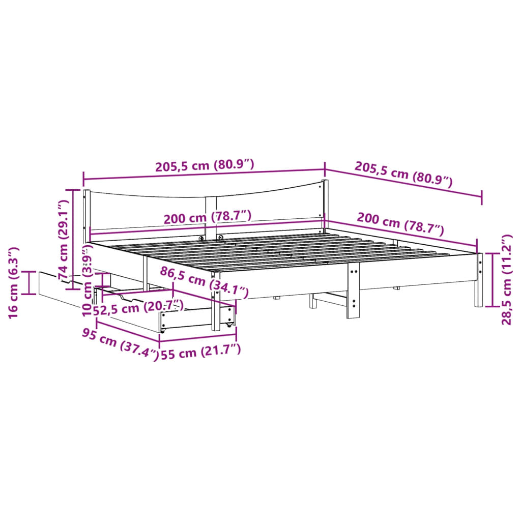 Bedframe met lades massief grenenhout wasbruin 200x200 cm