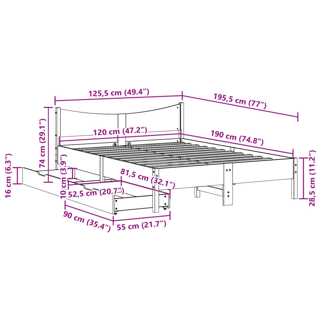 Bedframe met lades massief grenenhout wit 120x190 cm