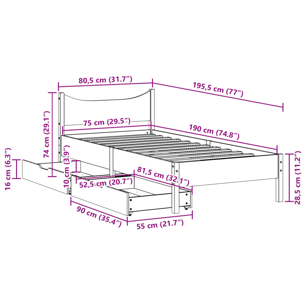 Bedframe met lades massief grenenhout 75x190 cm