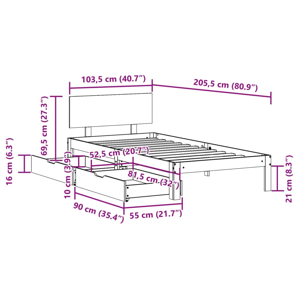 Bedframe met lades massief grenenhout wit 100x200 cm