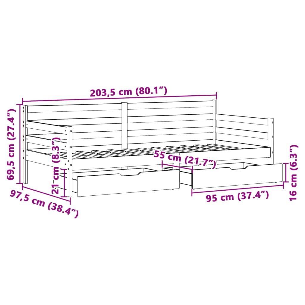 Slaapbank met lades 90x200 cm massief grenenhout