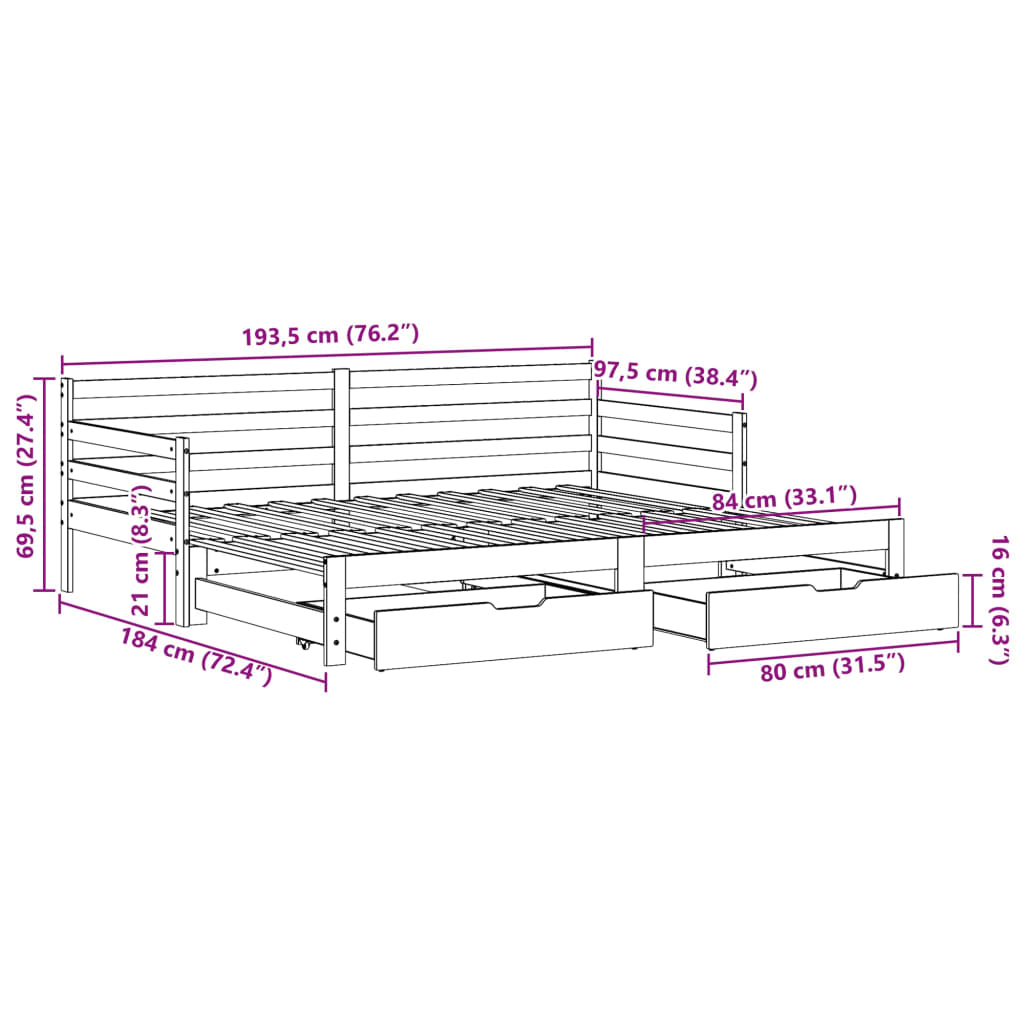 Slaapbank met onderschuifbed en lades 90x190 cm grenenhout wit