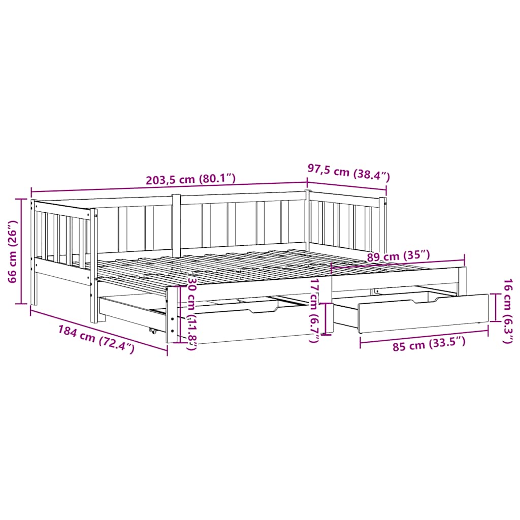 Slaapbank Met Onderschuifbed En Lades Zonder Matras 90 x 200 cm natrual