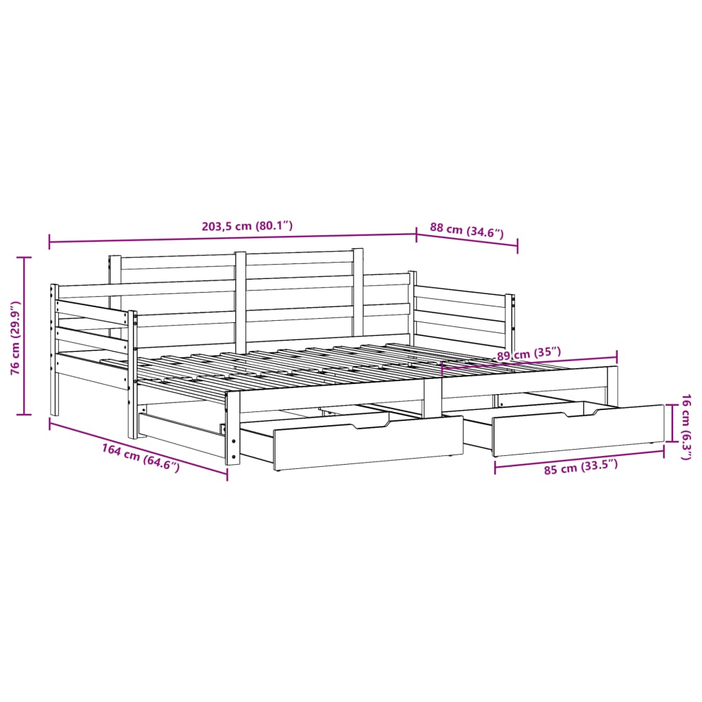 Slaapbank met onderschuifbed en lades 80x200 cm grenenhout wit