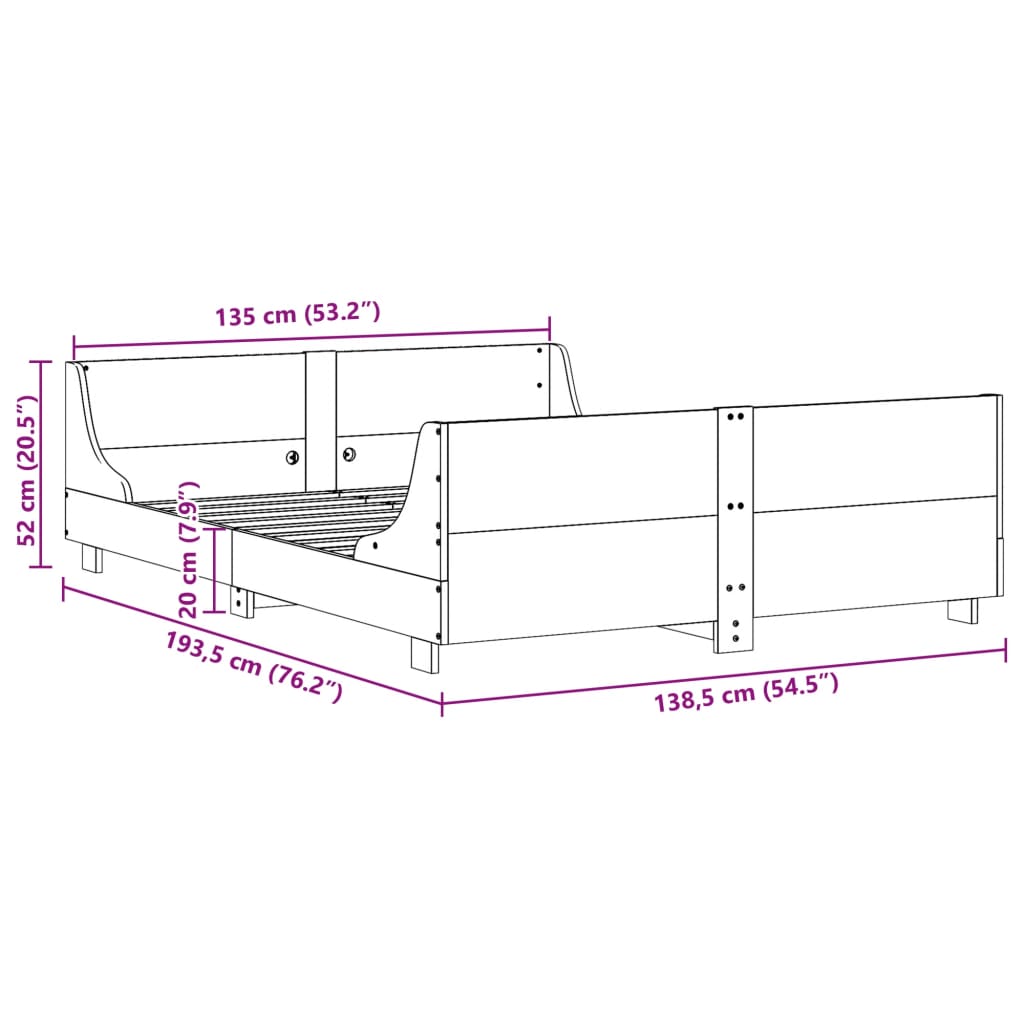 Bedframe met hoofdbord massief grenenhout 135x190 cm