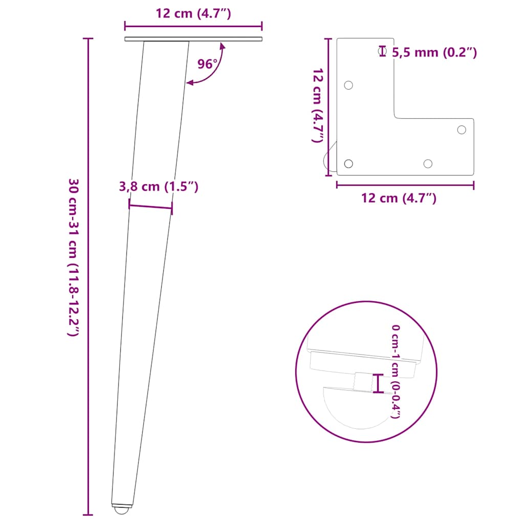 Salontafelpoten conische vorm 4 st 30-31 cm staal antraciet