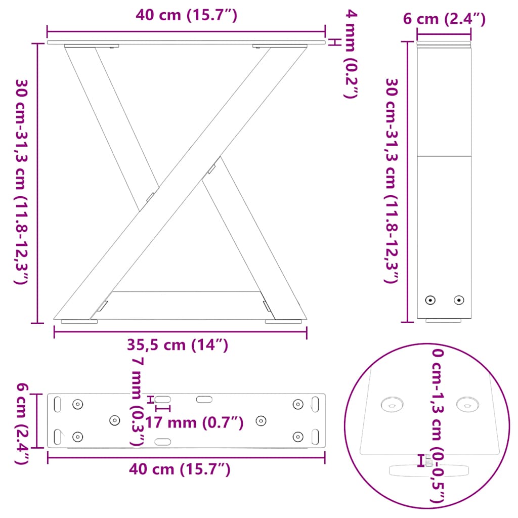 Salontafelpoten 2 st 40x(30-31,3) cm staal zwart