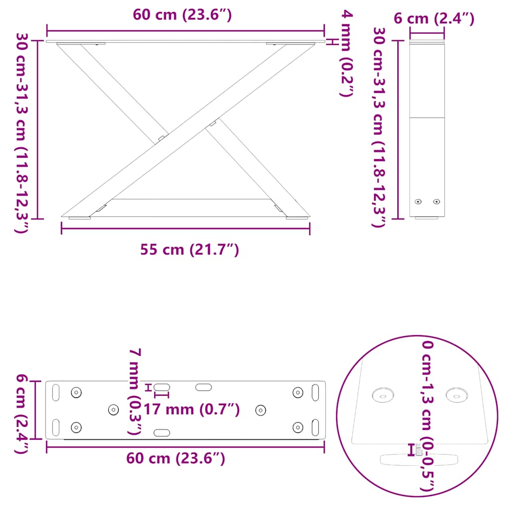 Salontafelpoten 2 st 60x(30-31,3) cm staal zwart