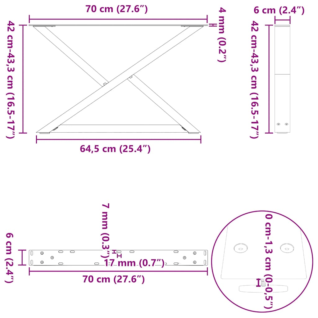 Salontafelpoten 2 st 70x(42-43,3) cm staal wit