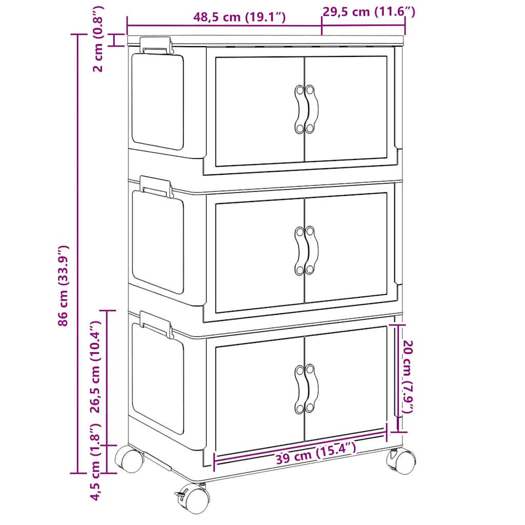 Opbergbox stapelbaar met wielen 3-laags 28 L 48,5x29,5x86 cm