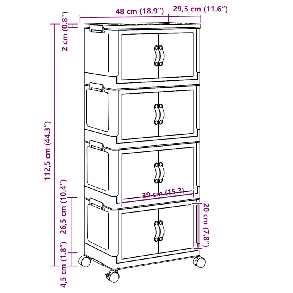 Opbergbox stapelbaar met wielen 4-laags 28 L 48,5x29,5x112,5 cm