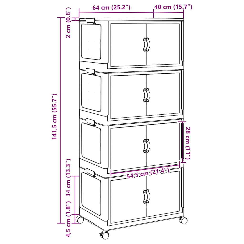 Opbergbox stapelbaar met wielen 4-laags 75 L 64x40x141,5 cm