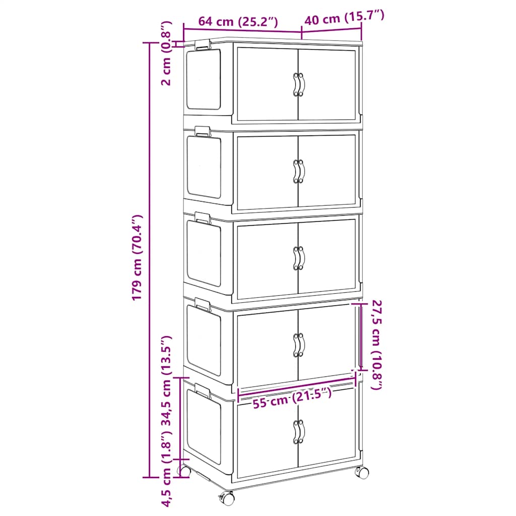 Opbergbox stapelbaar met wielen 5-laags 75 L 65x40x179 cm