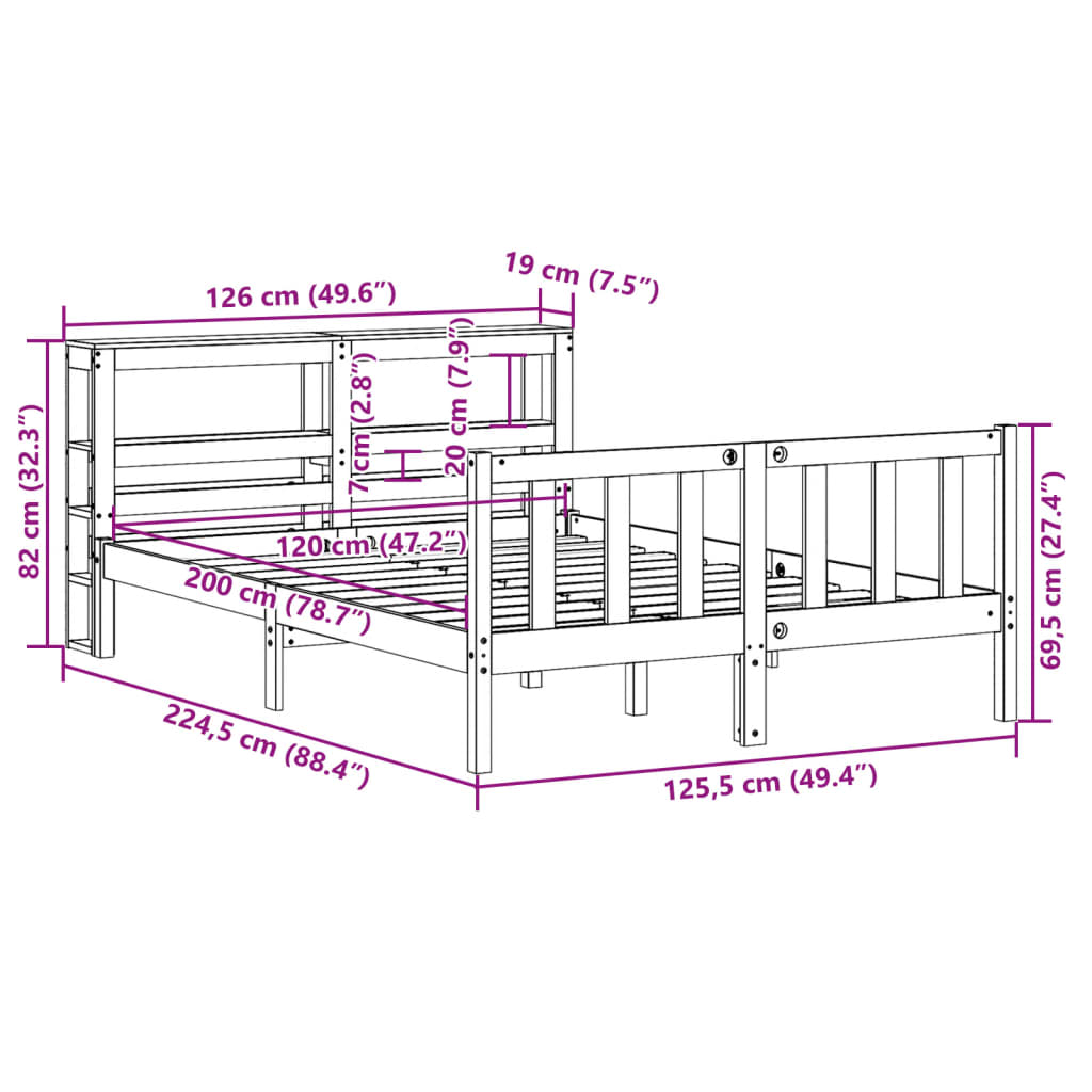 Bedframe met hoofdbord massief grenenhout wasbruin 120x200 cm