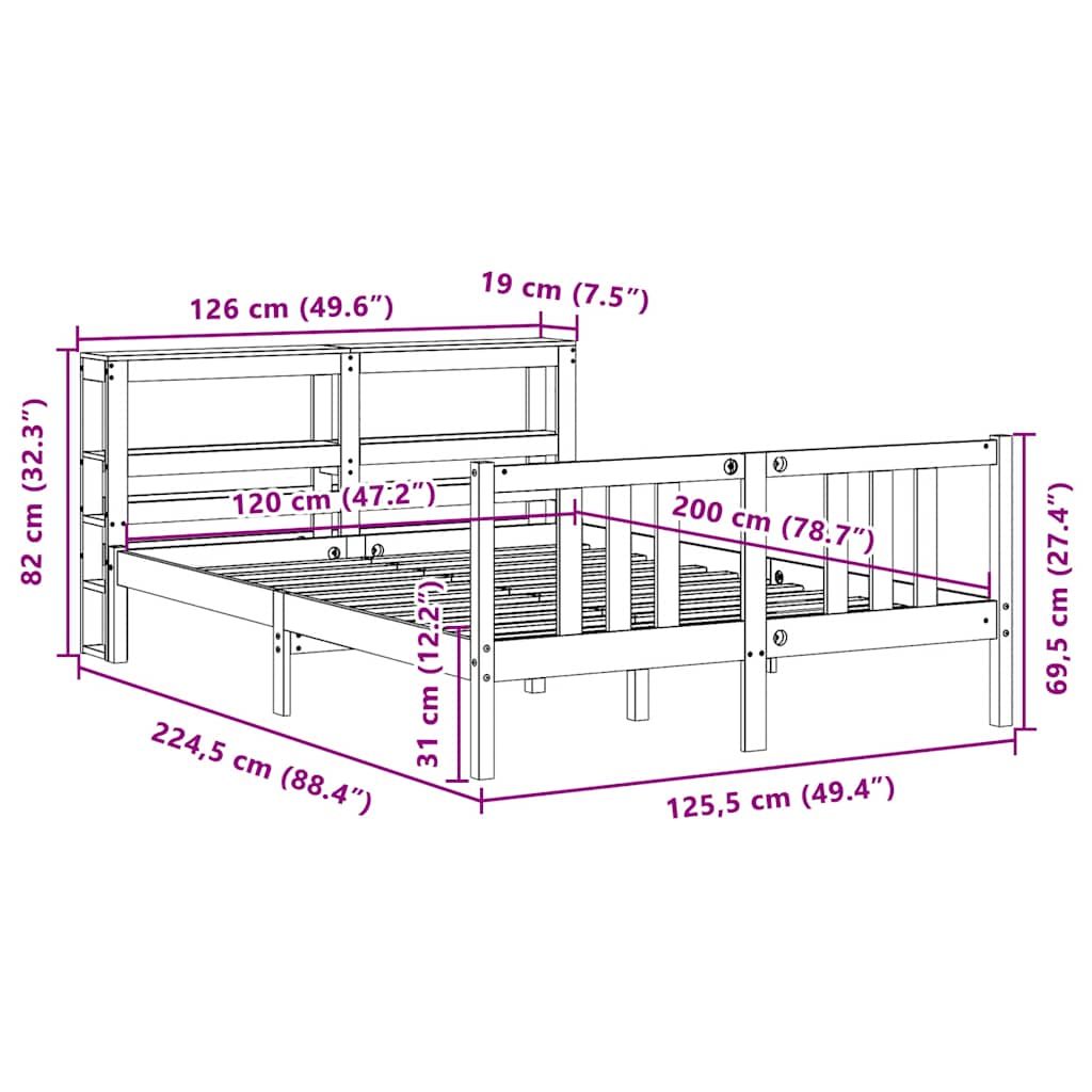Bedframe met hoofdbord massief grenenhout 120x200 cm