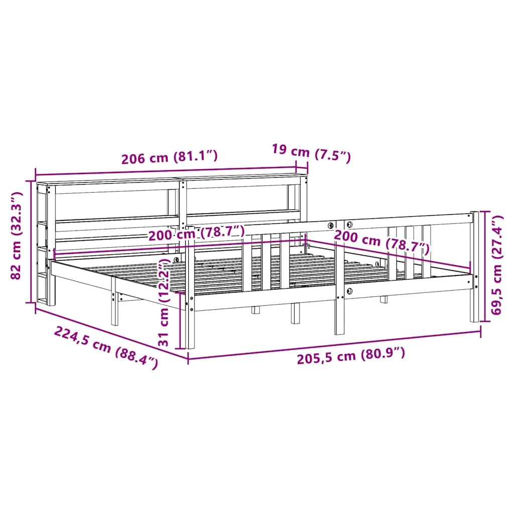 Bedframe met hoofdbord massief grenenhout 200x200 cm