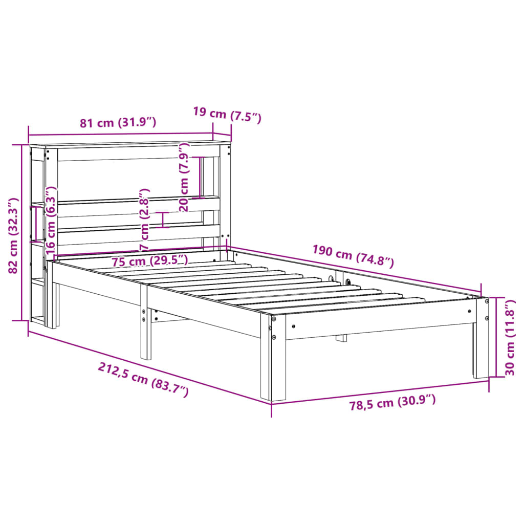 Bedframe met hoofdbord massief grenenhout 75x190 cm