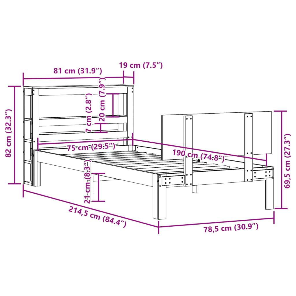 Bedframe met hoofdbord massief grenenhout 75x190 cm