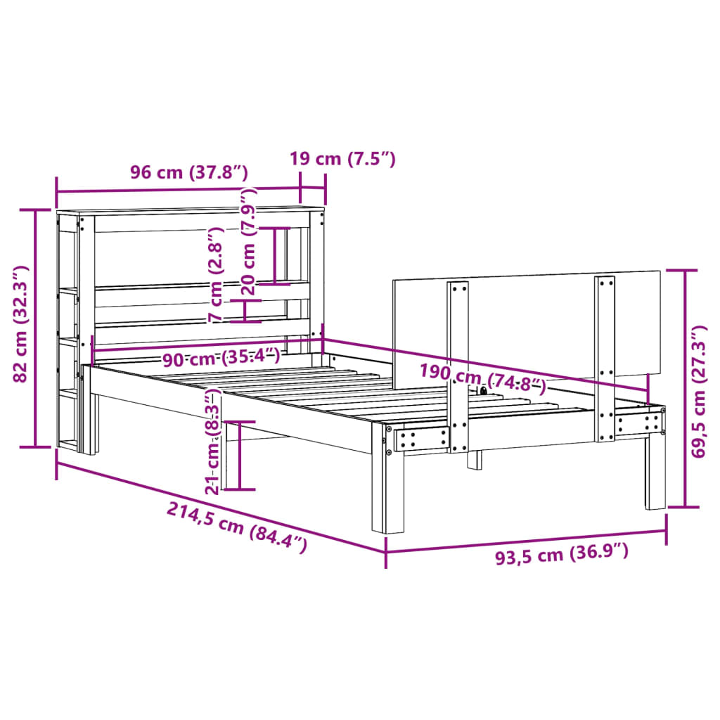 Bedframe met hoofdbord massief grenenhout 90x190 cm