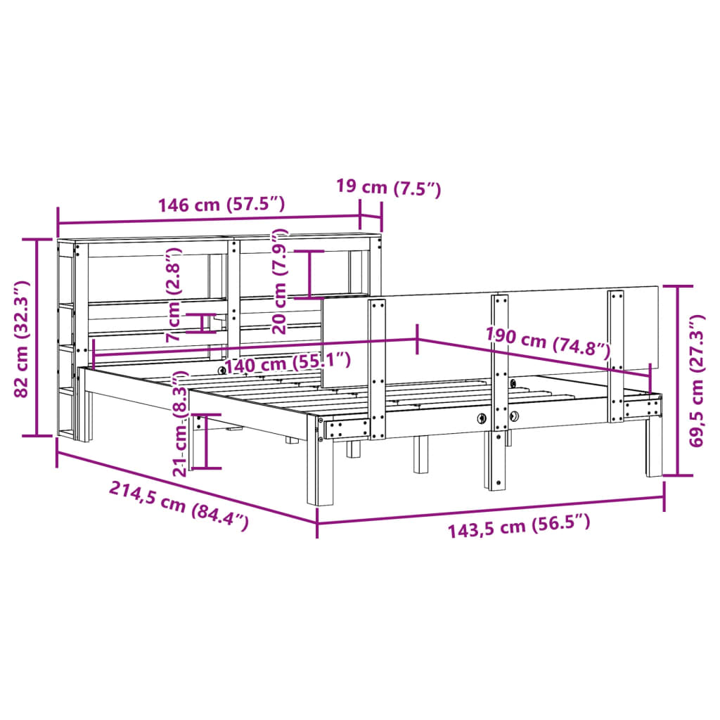 Bedframe met hoofdbord massief grenenhout 140x190 cm