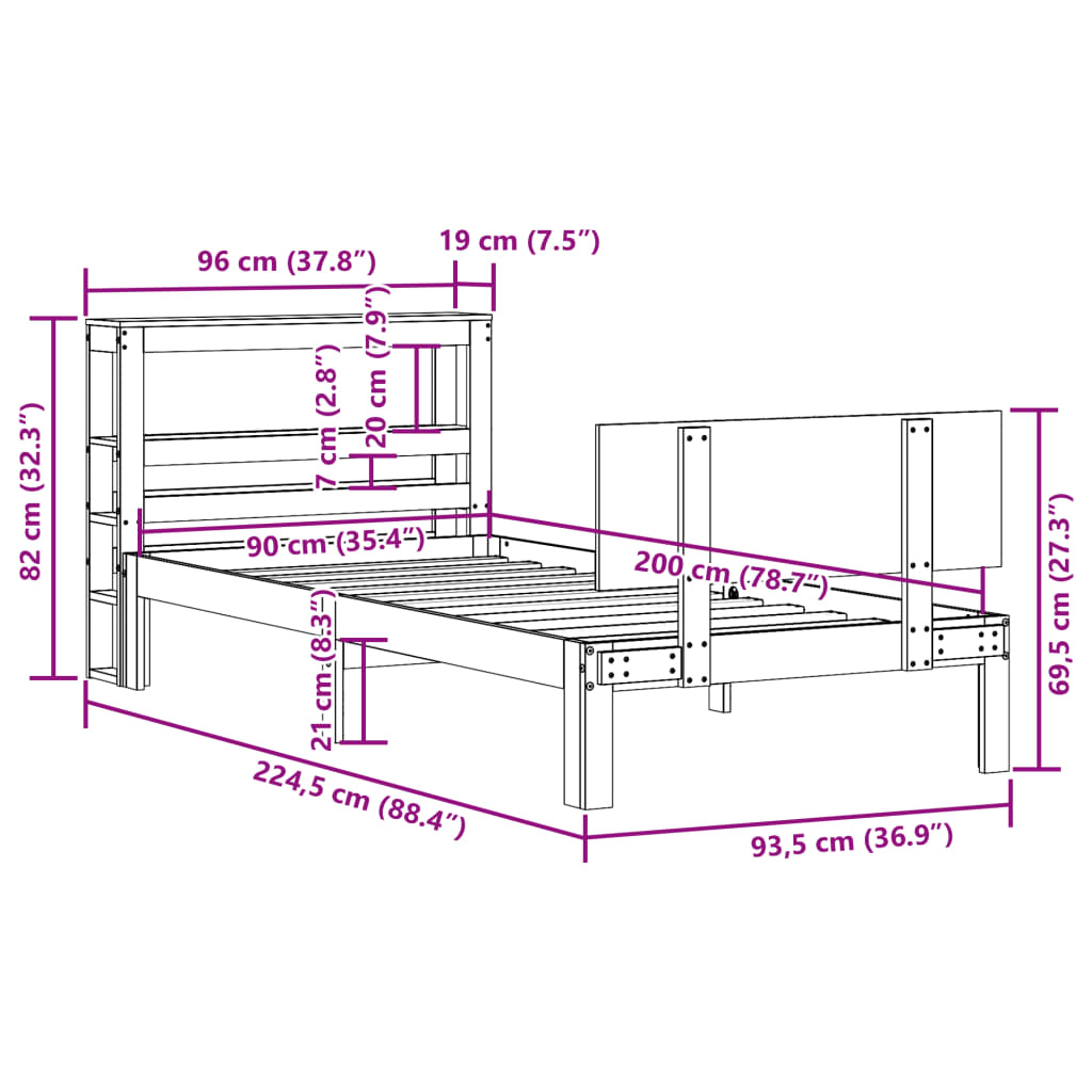 Bedframe met hoofdbord massief grenenhout 90x200 cm