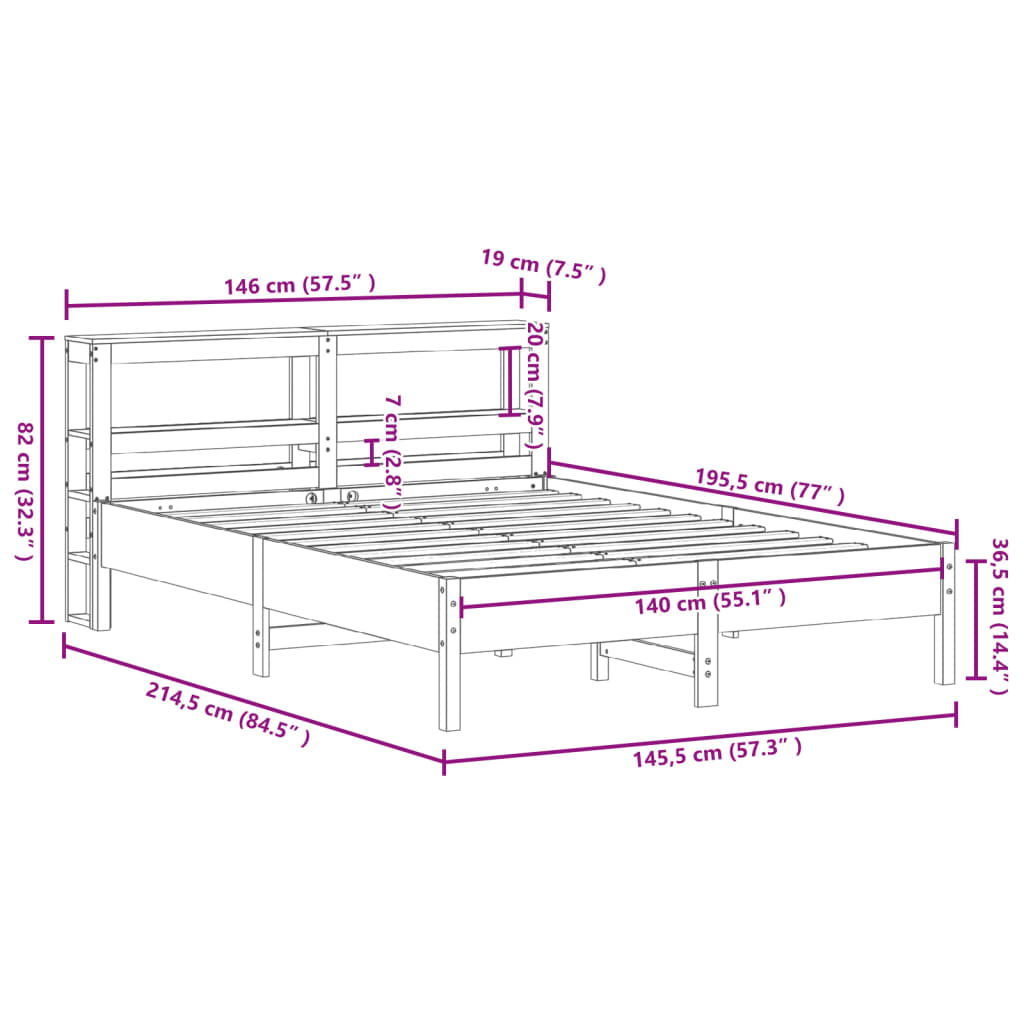 Bedframe zonder matras massief grenenhout 140x190 cm