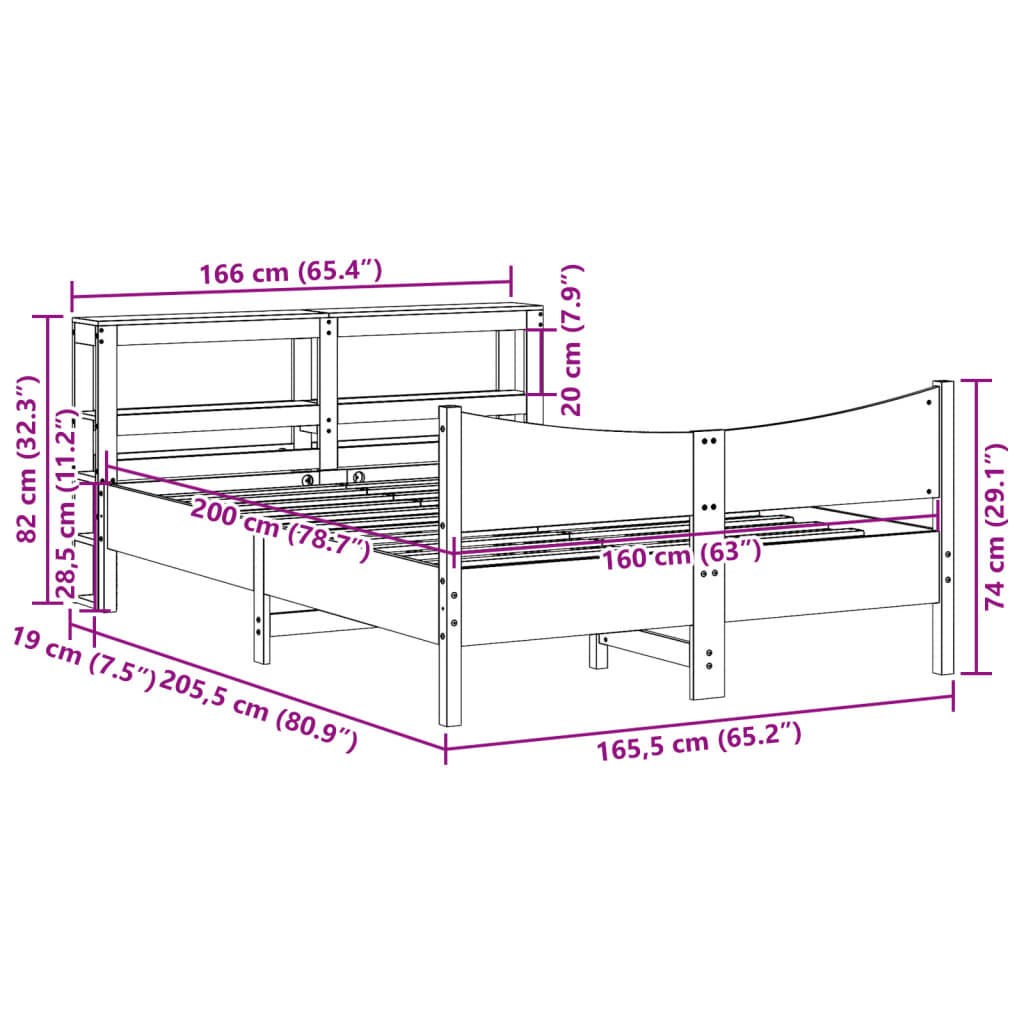 Bedframe met hoofdbord massief grenenhout wit 160x200 cm
