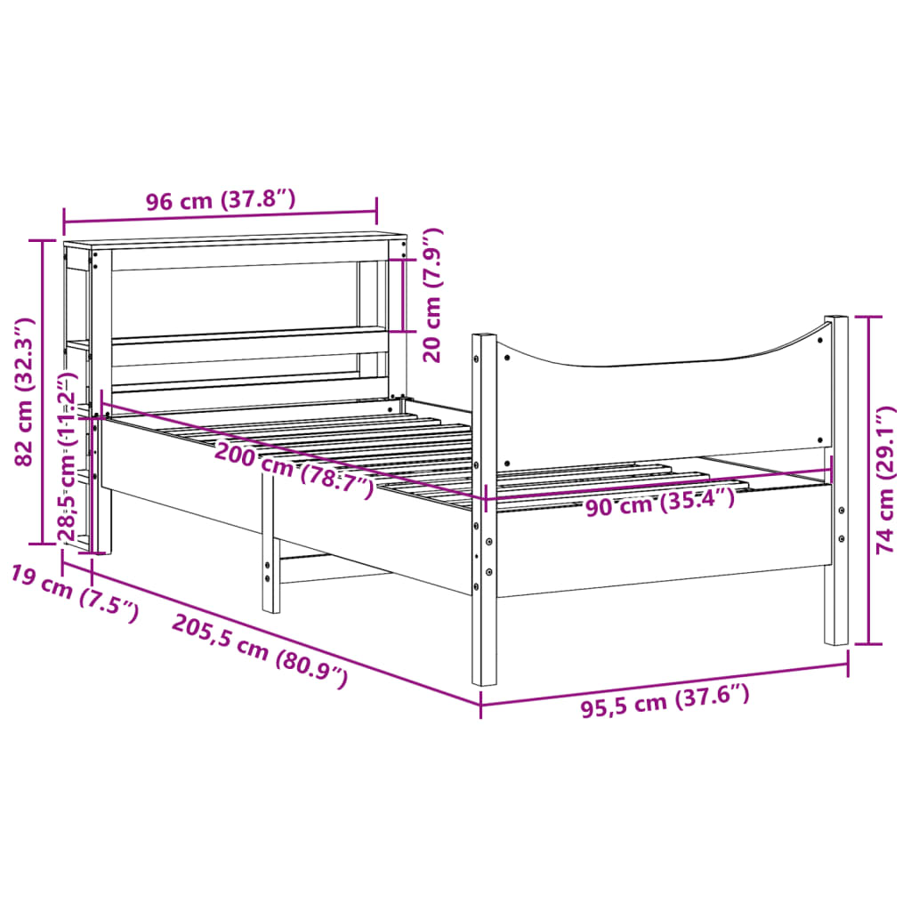 Bedframe Met Hoofdbord Massief Grenenhout 90 x 200 cm Wit