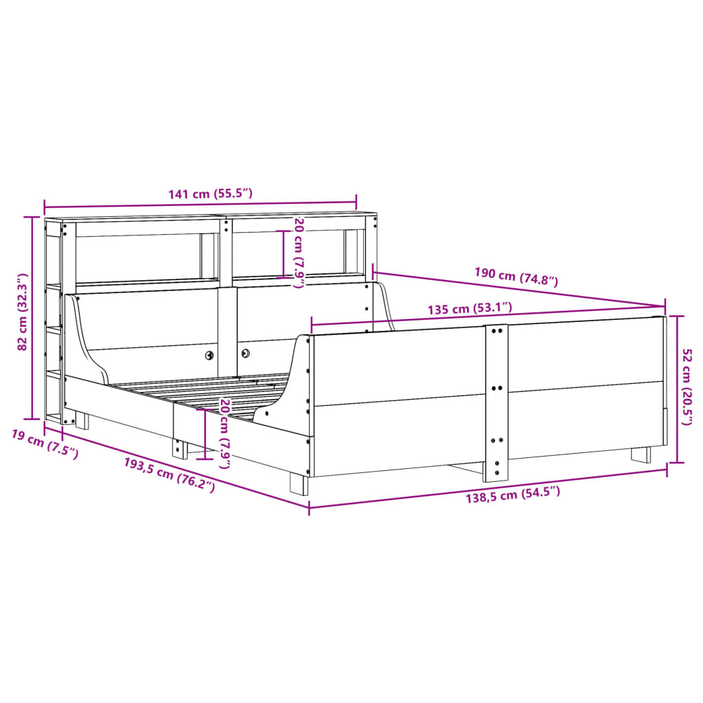 Bedframe zonder matras massief grenenhout wasbruin 135x190 cm