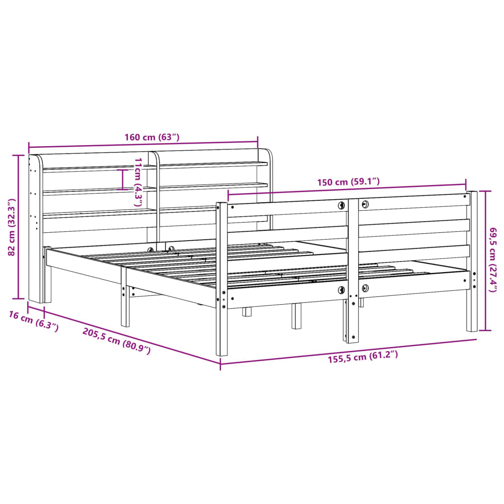 Bedframe met hoofdbord massief grenenhout 150x200 cm