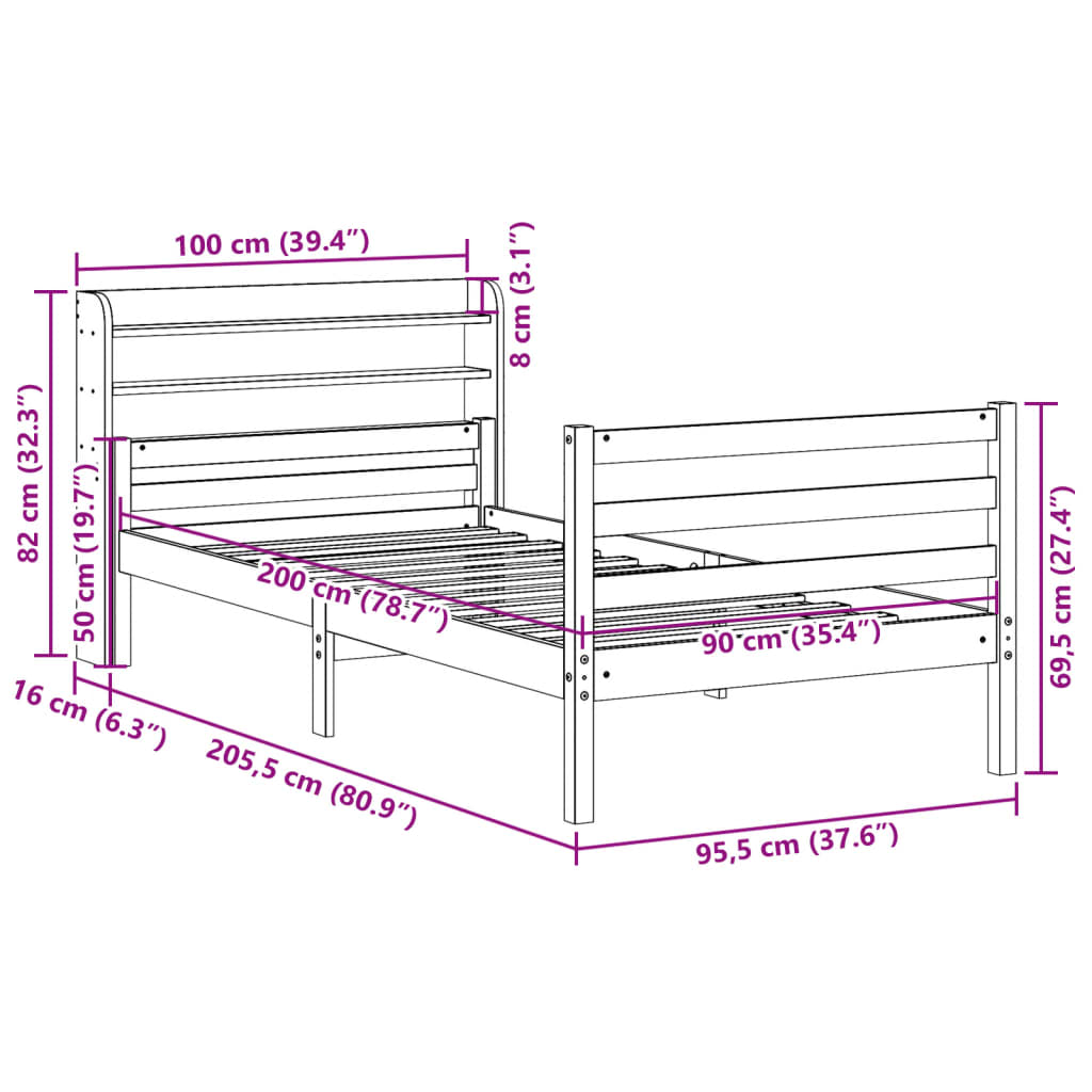 Bedframe met hoofdbord massief grenenhout 90x200 cm