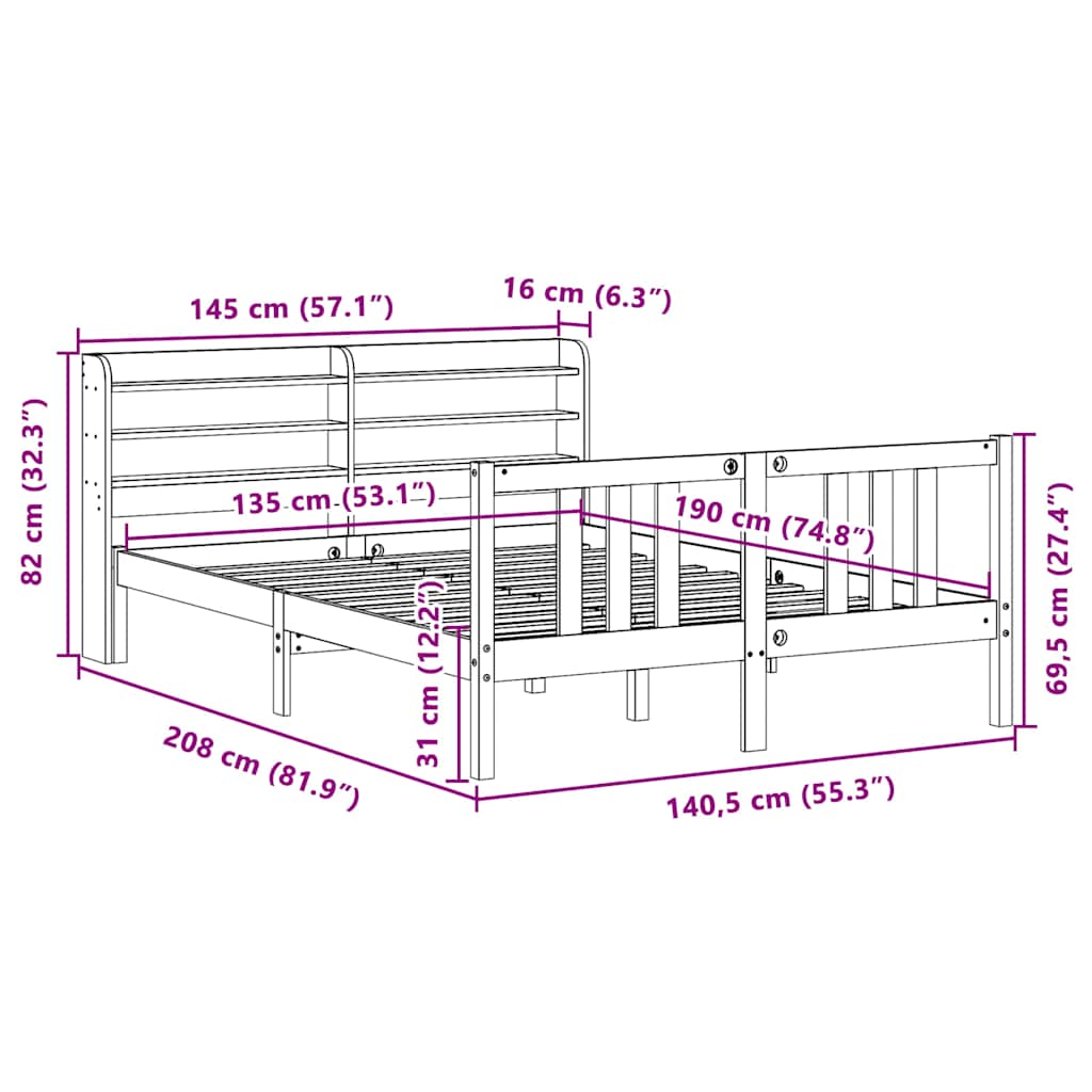 Bedframe met hoofdbord massief grenenhout 135x190 cm